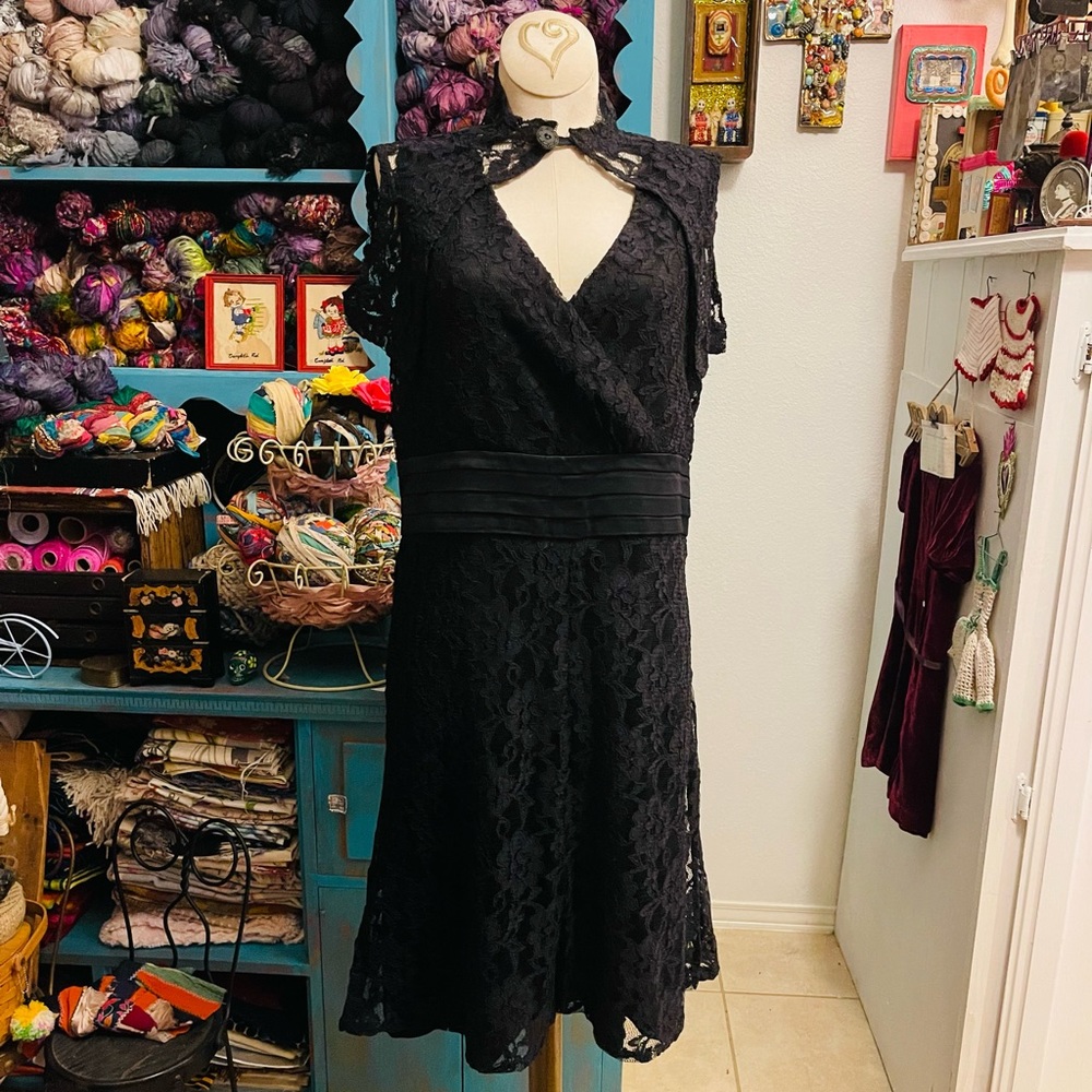 Vintage handmade little black lace dress with sleeves cape